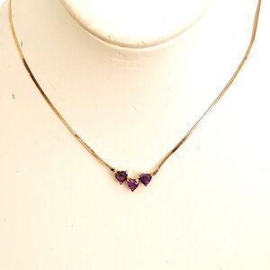 14K Gold Necklace with amethyst heart shaped stones.  Child’s necklace, 15 in